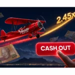 Hand pressing cash out button during Aviator flight