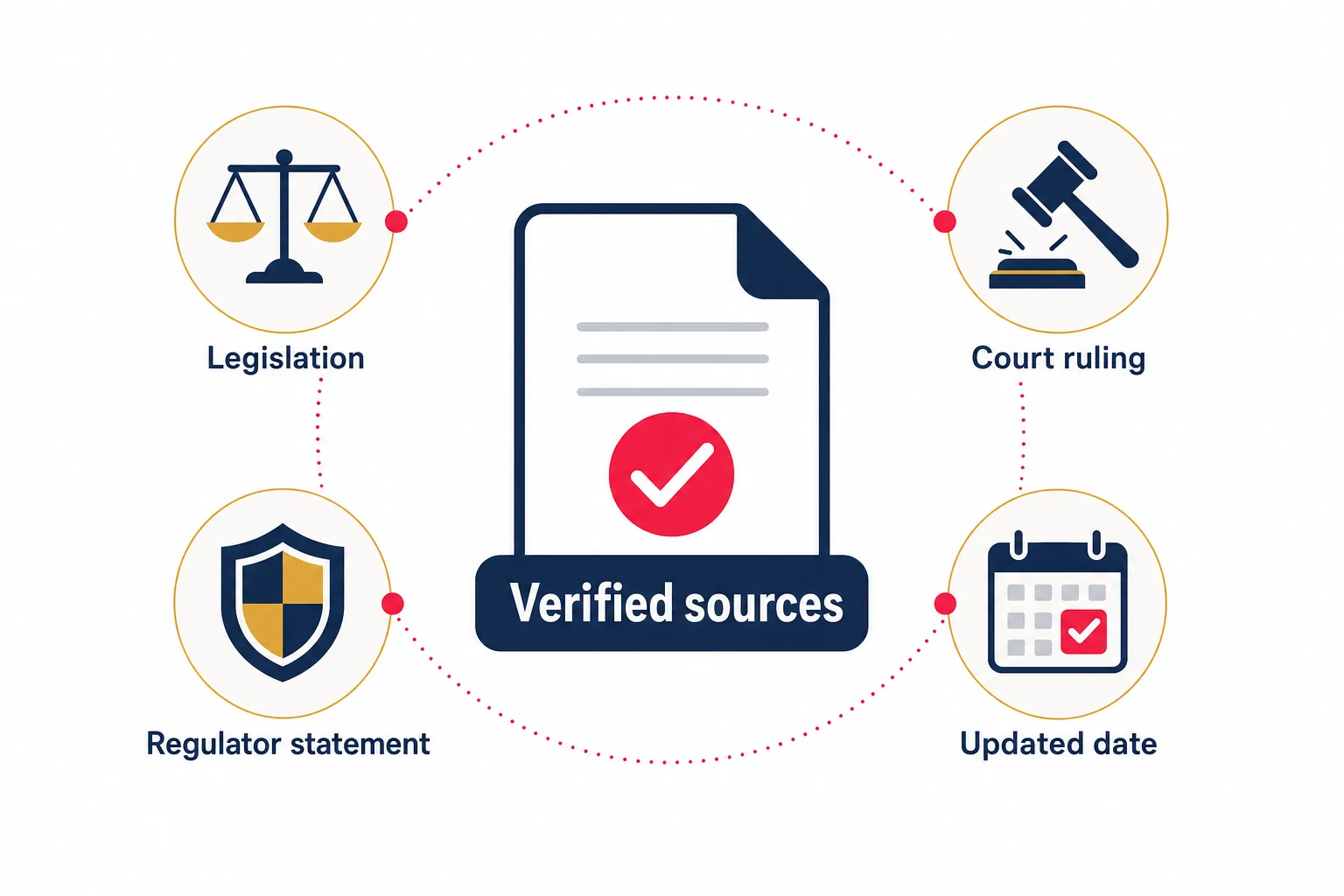 Icons representing verified legal and regulatory sources used