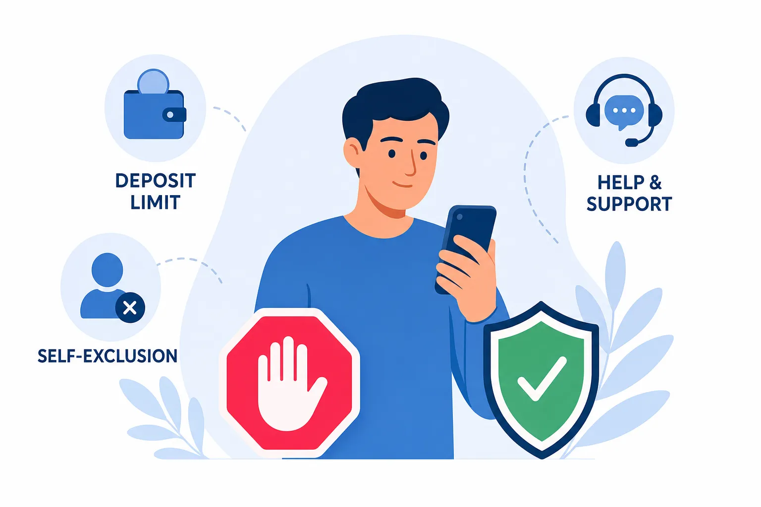 Responsible gambling icons showing shield stop hand and support