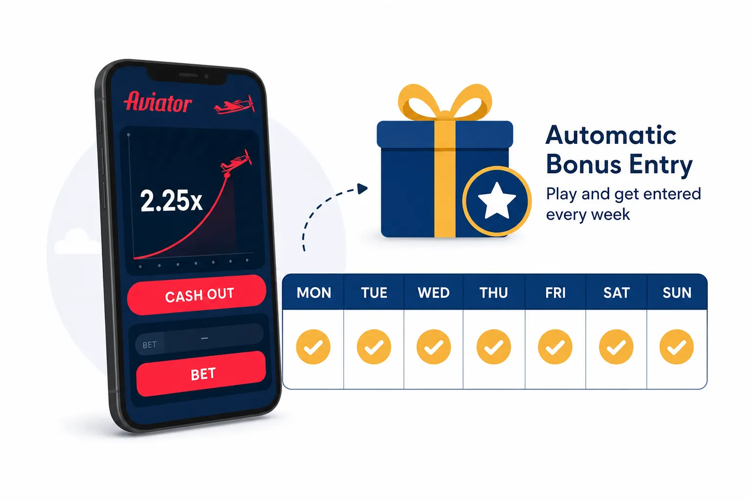 Smartphone with crash game and weekly bonus calendar icon