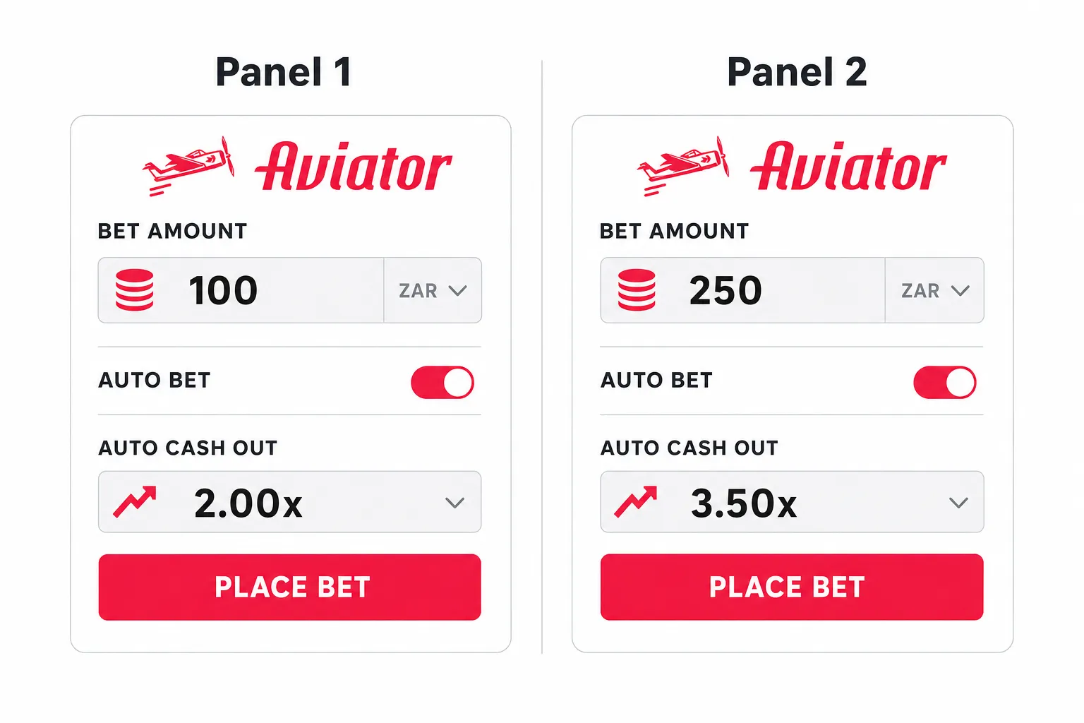 Two independent Aviator bet panels shown side by side